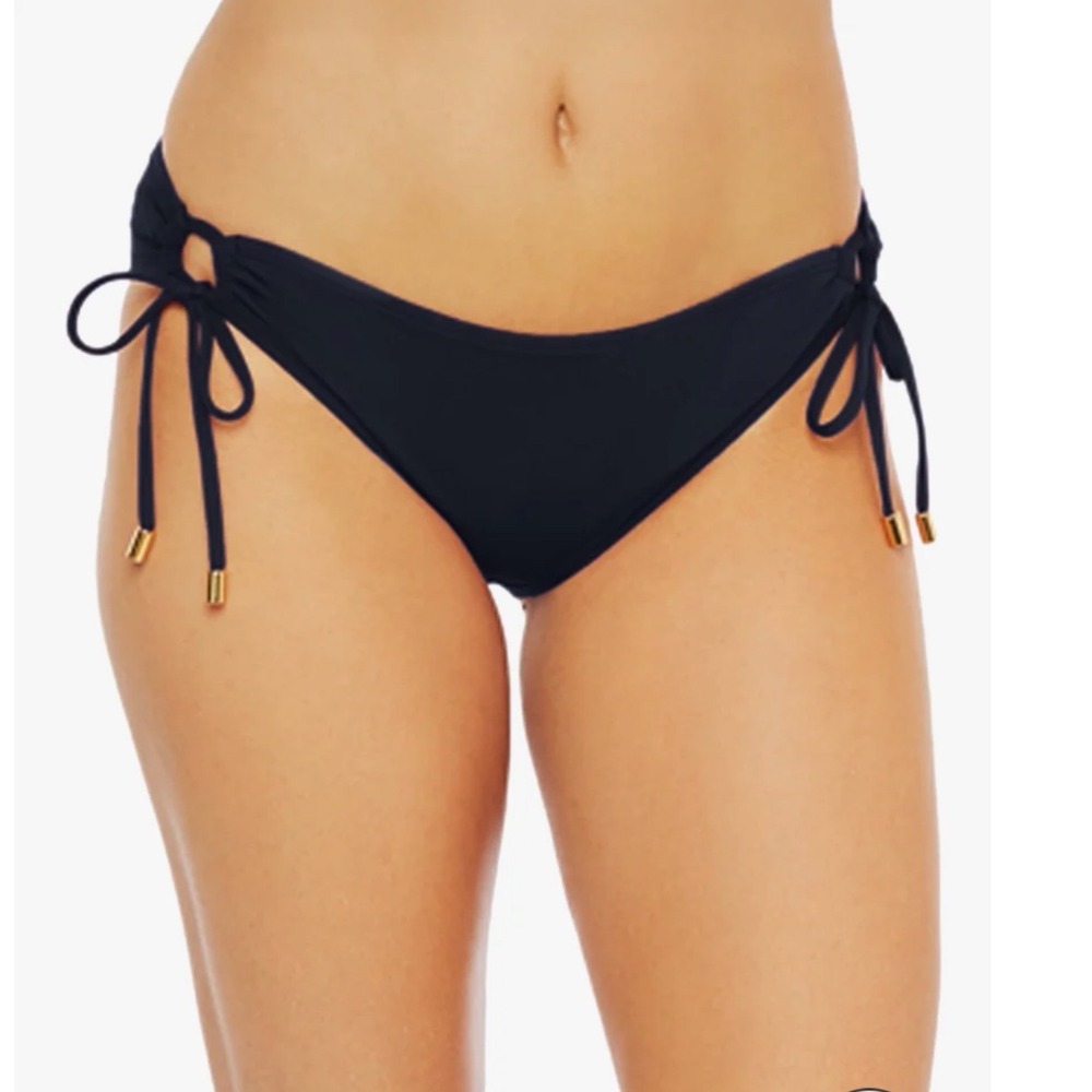 La Blanca Island Goddess Black Side Tie Bikini Bottom Gold Hardware Size 8 NEW